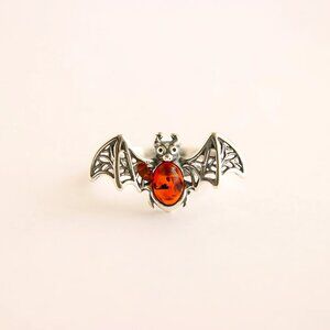 Baltic Amber Bat Ring in 925 Sterling Silver - Cherry Amber Adjustable Size
